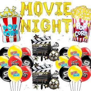 Movie Night Party Decoration Kit - 32 Pieces Movie Night Themed Party Accessories Banner Popcorn Foil Balloons Camera Foil Balloon Red Carpet Party Supplies for Movie Night Party for Kids Adults