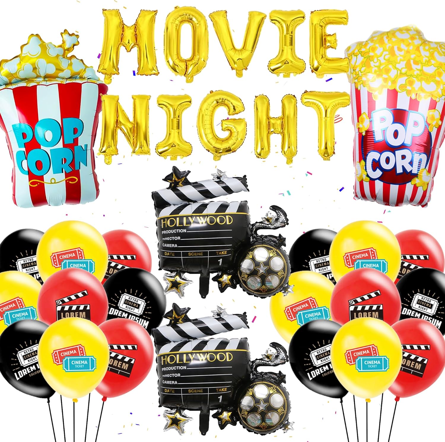 Movie Night Party Decoration Kit - 32 Pieces Movie Night Themed Party Accessories Banner Popcorn Foil Balloons Camera Foil Balloon Red Carpet Party Supplies for Movie Night Party for Kids Adults-0