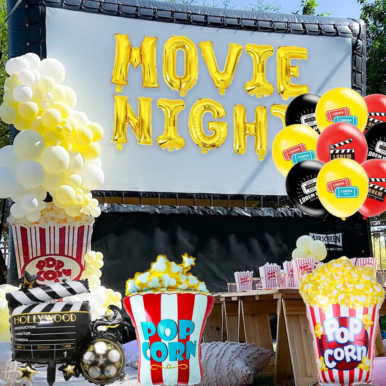 Movie Night Party Decoration Kit - 32 Pieces Movie Night Themed Party Accessories Banner Popcorn Foil Balloons Camera Foil Balloon Red Carpet Party Supplies for Movie Night Party for Kids Adults-4