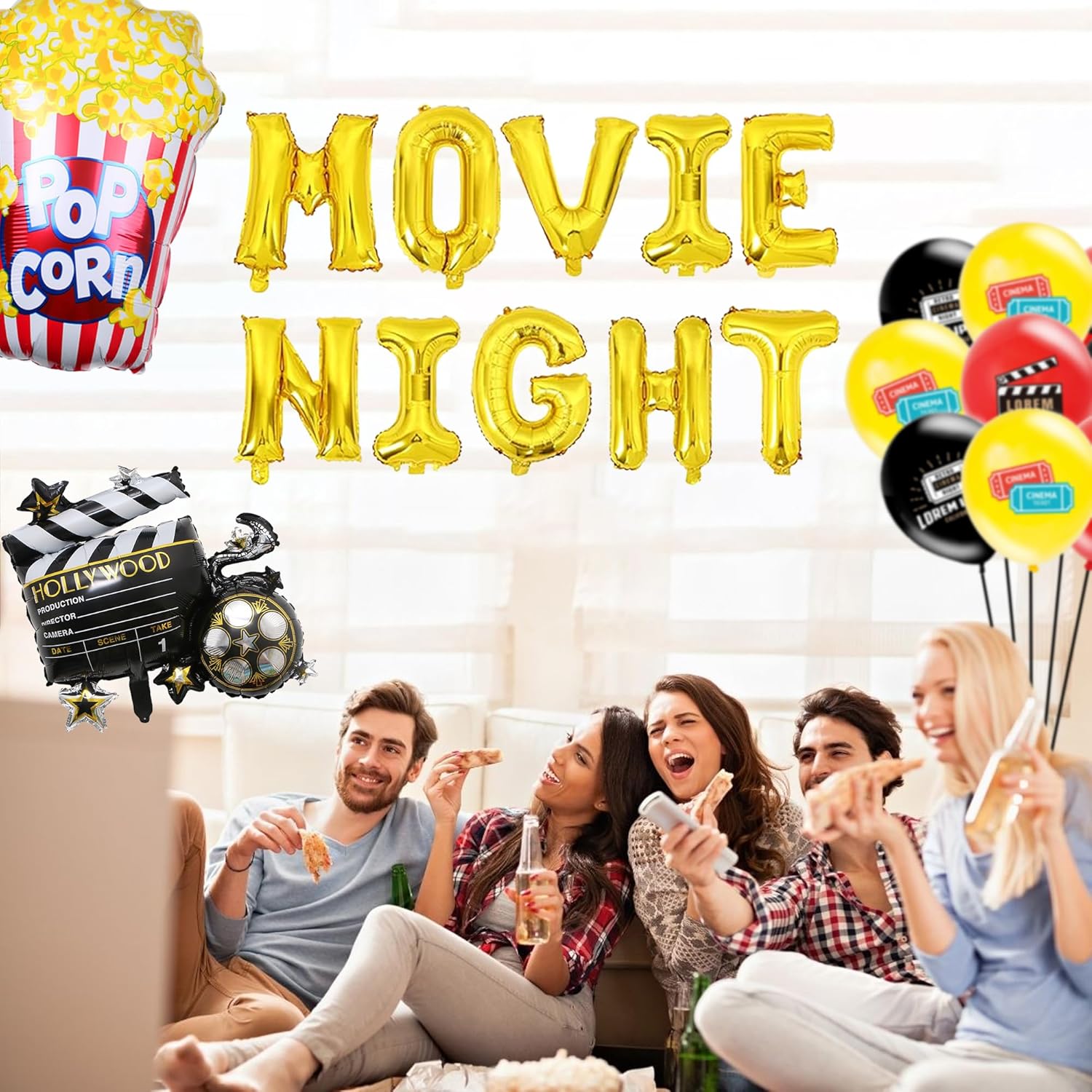 Movie Night Party Decoration Kit - 32 Pieces Movie Night Themed Party Accessories Banner Popcorn Foil Balloons Camera Foil Balloon Red Carpet Party Supplies for Movie Night Party for Kids Adults-5