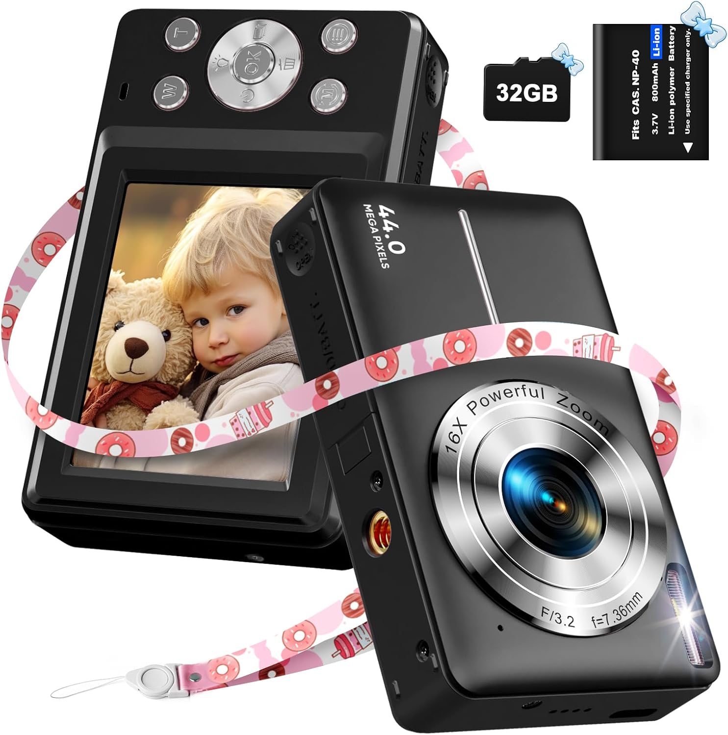 Digital Camera with 32G Card, 1080P Digital Camera Cheap 44MP HD Compact Digital Camera Photo Camera Kids Camera with 2.4" Screen 16X Digital Zoom and 1 Battery for Girls, Boys, Beginner-Black-0