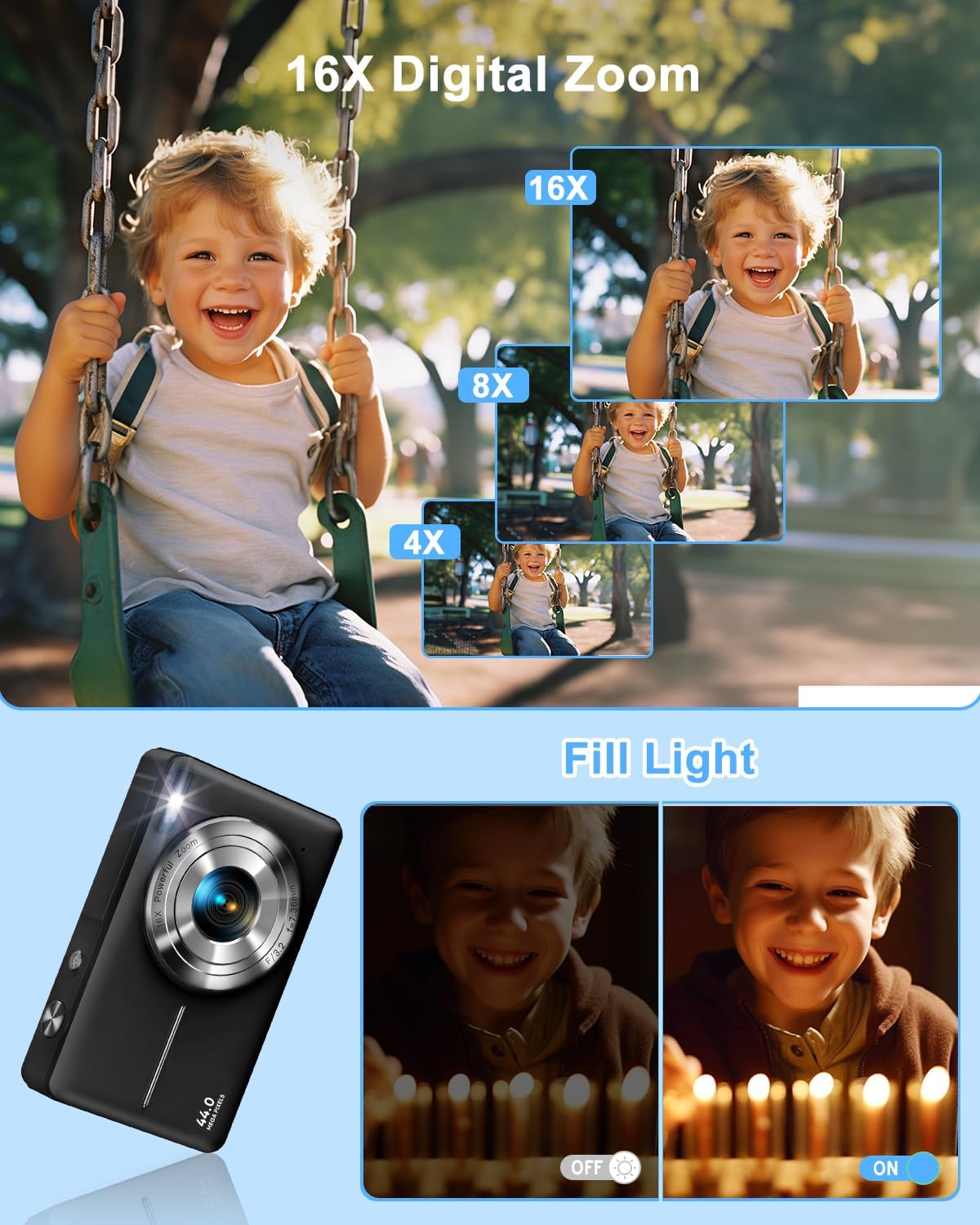 Digital Camera with 32G Card, 1080P Digital Camera Cheap 44MP HD Compact Digital Camera Photo Camera Kids Camera with 2.4" Screen 16X Digital Zoom and 1 Battery for Girls, Boys, Beginner-Black-2