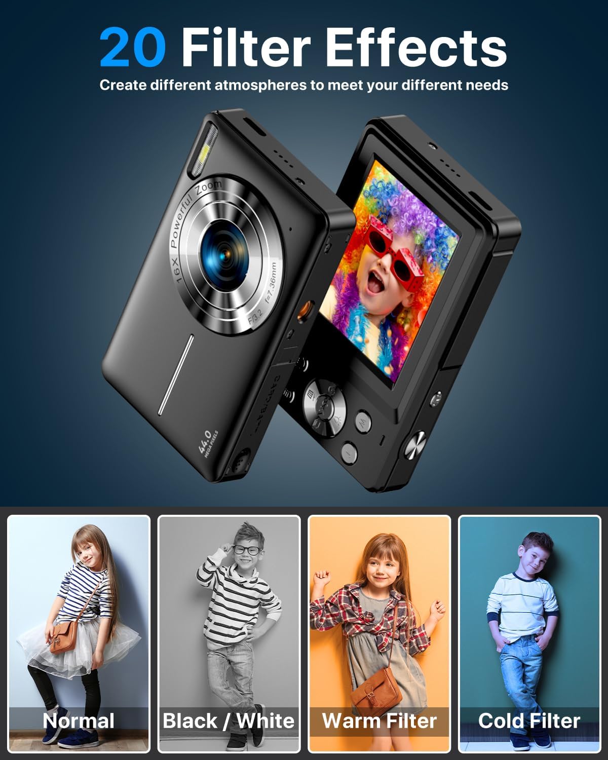 Digital Camera with 32G Card, 1080P Digital Camera Cheap 44MP HD Compact Digital Camera Photo Camera Kids Camera with 2.4" Screen 16X Digital Zoom and 1 Battery for Girls, Boys, Beginner-Black-5