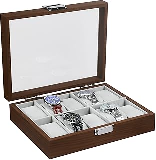 TRIXES Wooden Watch Box 10 Slot - Wooden Watch Organizer with Glass Display Window - Box with Removable Pillows