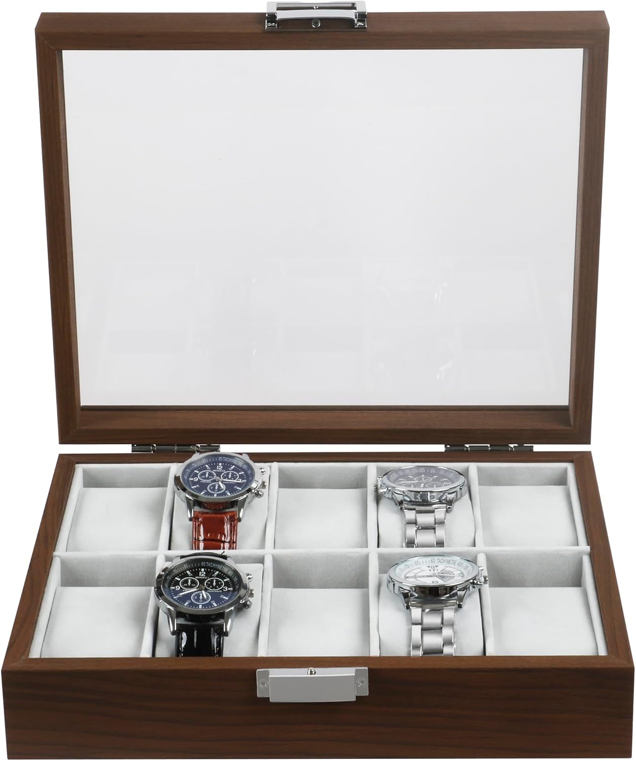 TRIXES Wooden Watch Box 10 Slot - Wooden Watch Organizer with Glass Display Window - Box with Removable Pillows-1