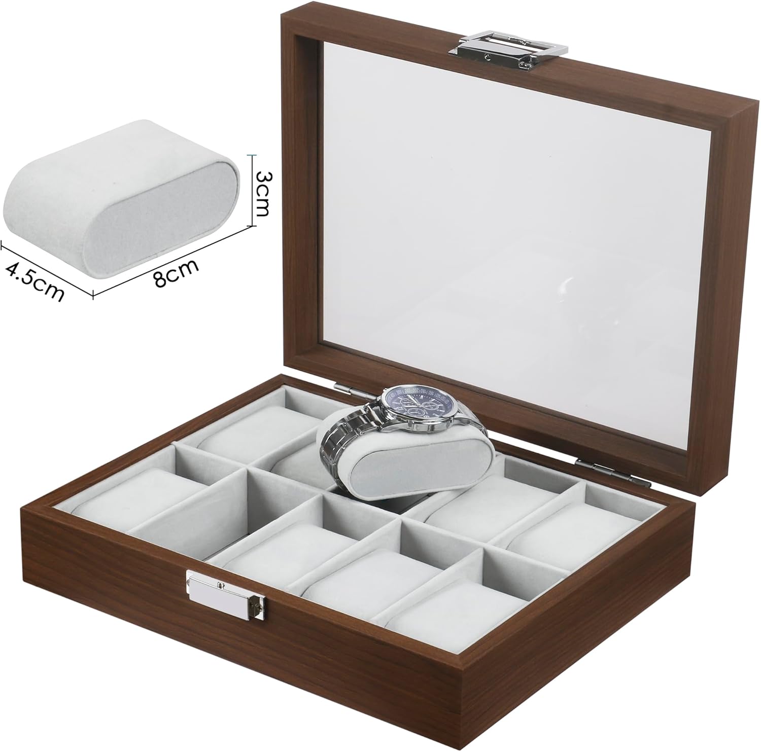 TRIXES Wooden Watch Box 10 Slot - Wooden Watch Organizer with Glass Display Window - Box with Removable Pillows-2