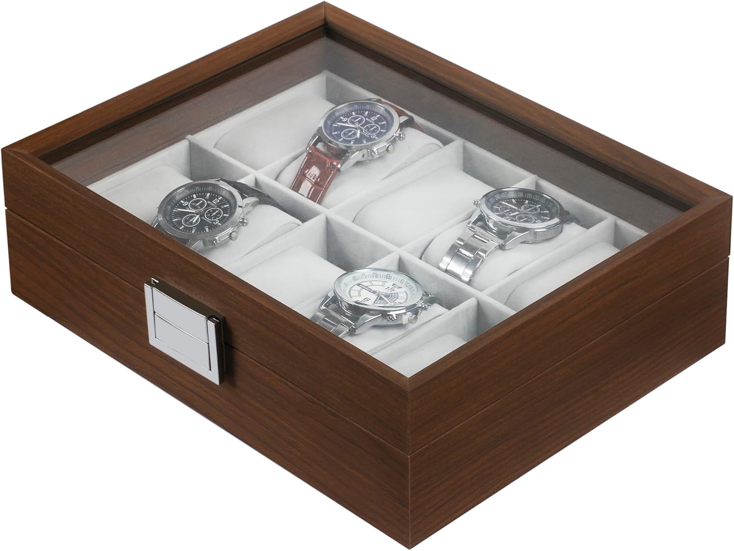 TRIXES Wooden Watch Box 10 Slot - Wooden Watch Organizer with Glass Display Window - Box with Removable Pillows-3