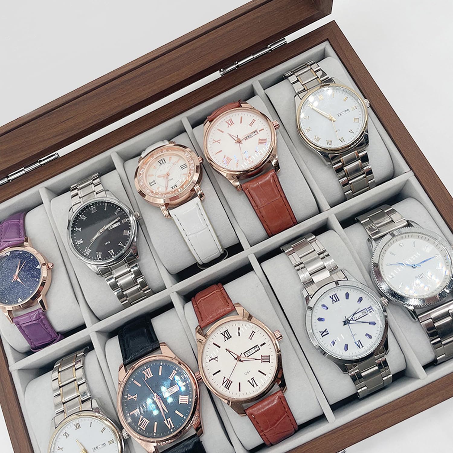 TRIXES Wooden Watch Box 10 Slot - Wooden Watch Organizer with Glass Display Window - Box with Removable Pillows-5