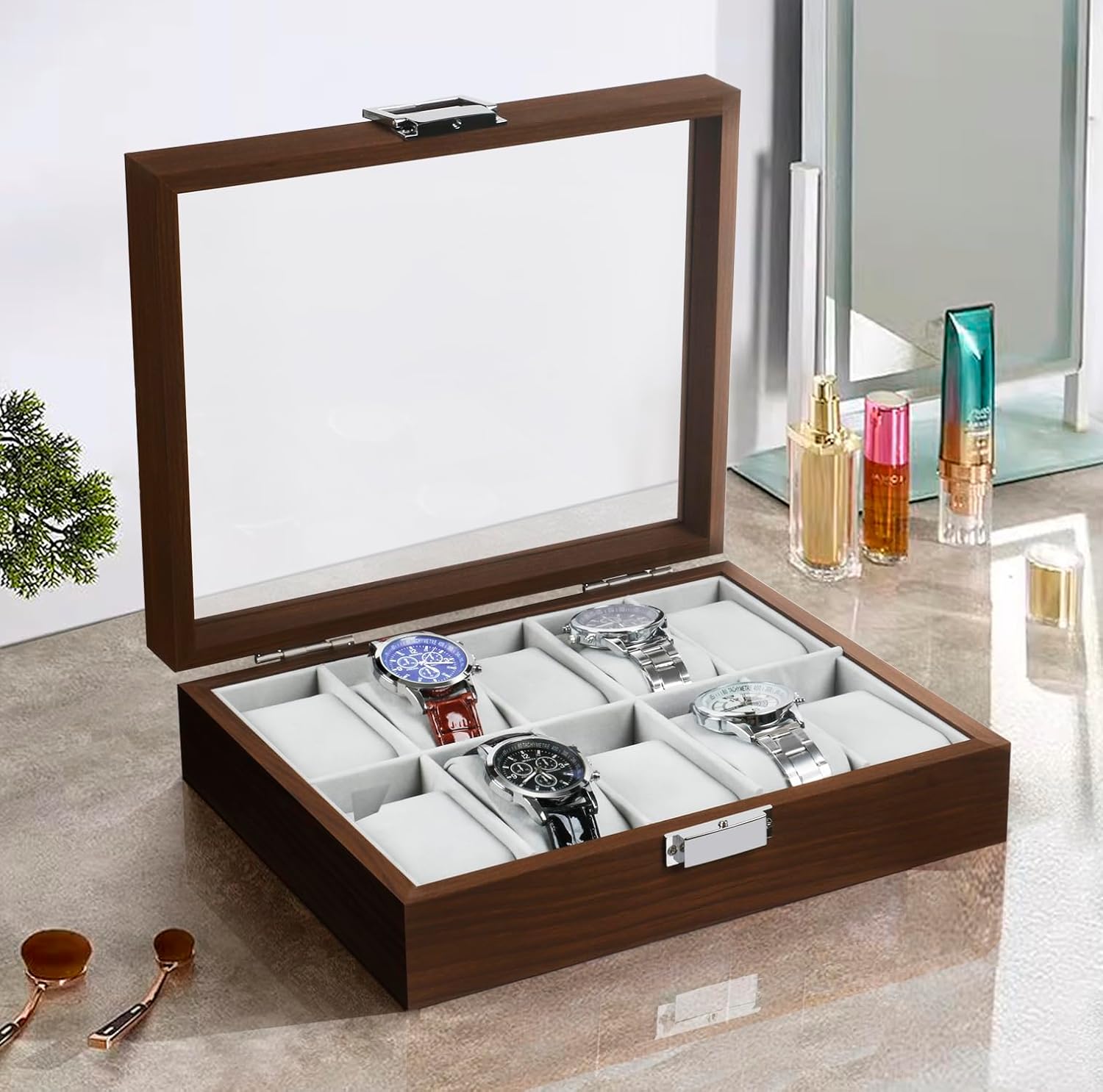 TRIXES Wooden Watch Box 10 Slot - Wooden Watch Organizer with Glass Display Window - Box with Removable Pillows-7