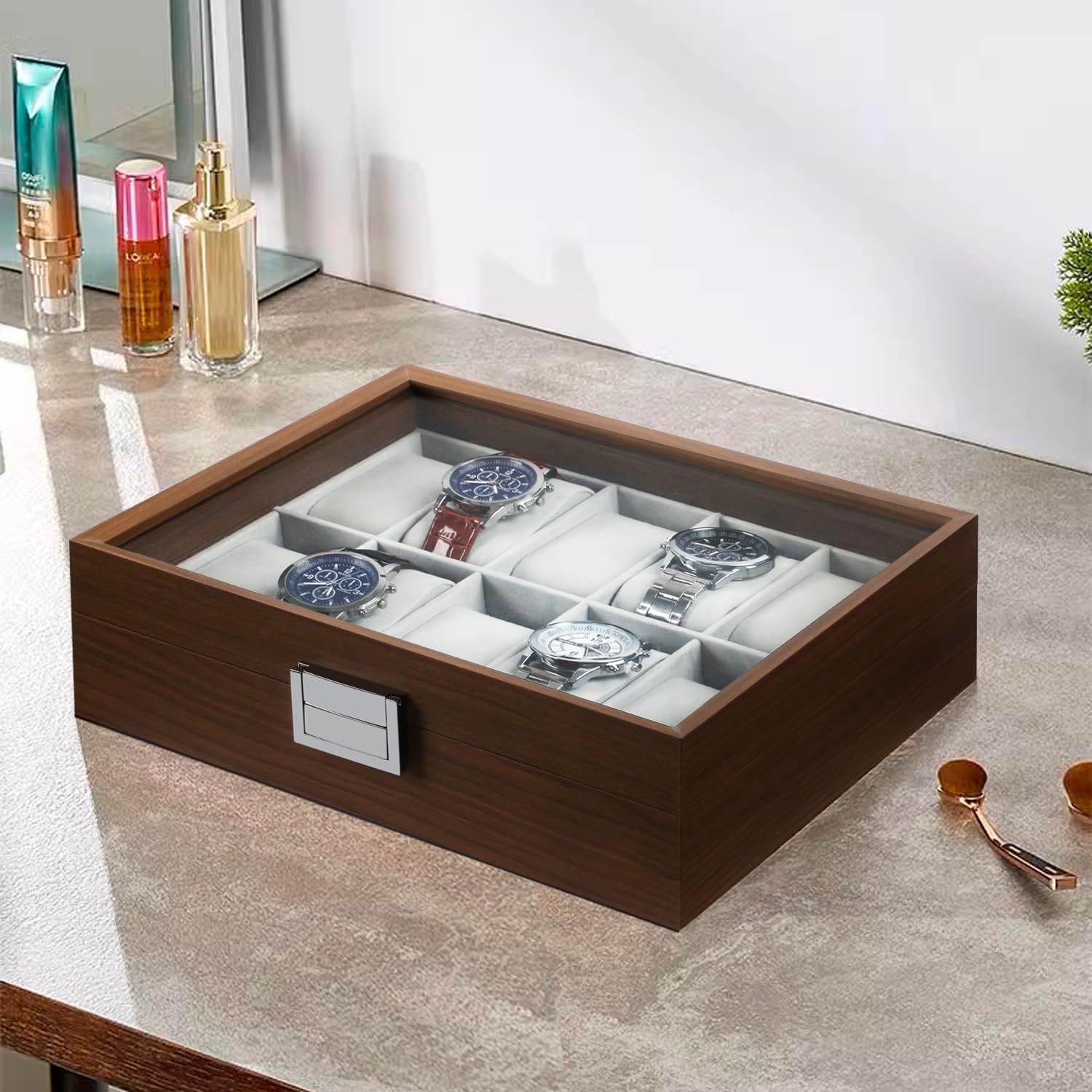 TRIXES Wooden Watch Box 10 Slot - Wooden Watch Organizer with Glass Display Window - Box with Removable Pillows-8