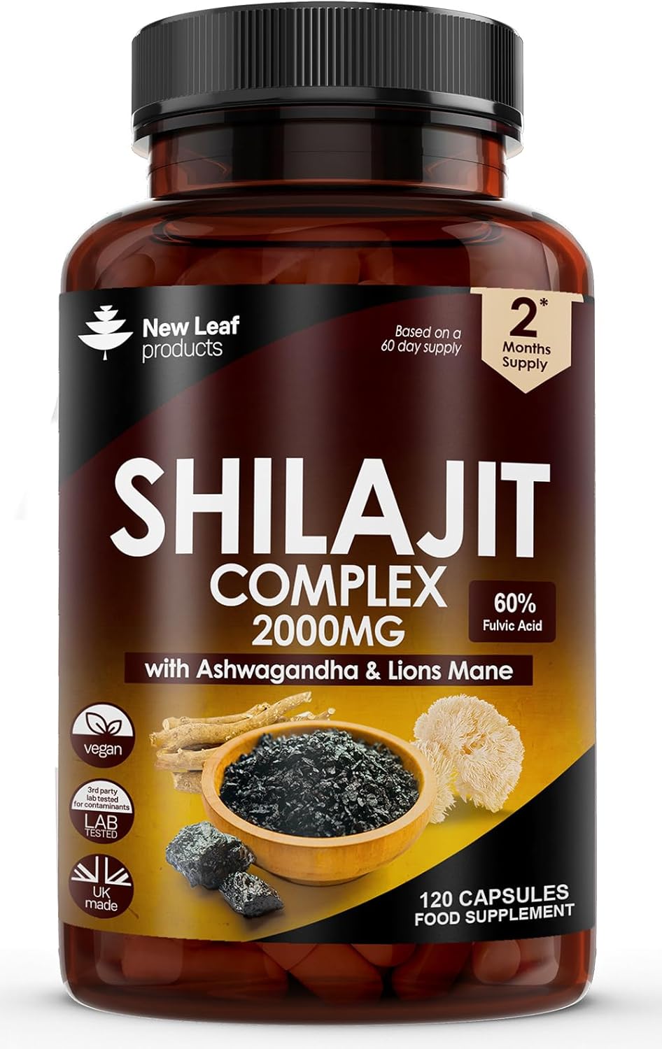 Shilajit Complex - Himilayan Shilajit enriched with Ashwagandha & Lions Mane, High Strength 2000mg Shilajit Complex Capsules with 60% Fulvic Acid - 2 Months Supply Made in The UK by New Leaf-0