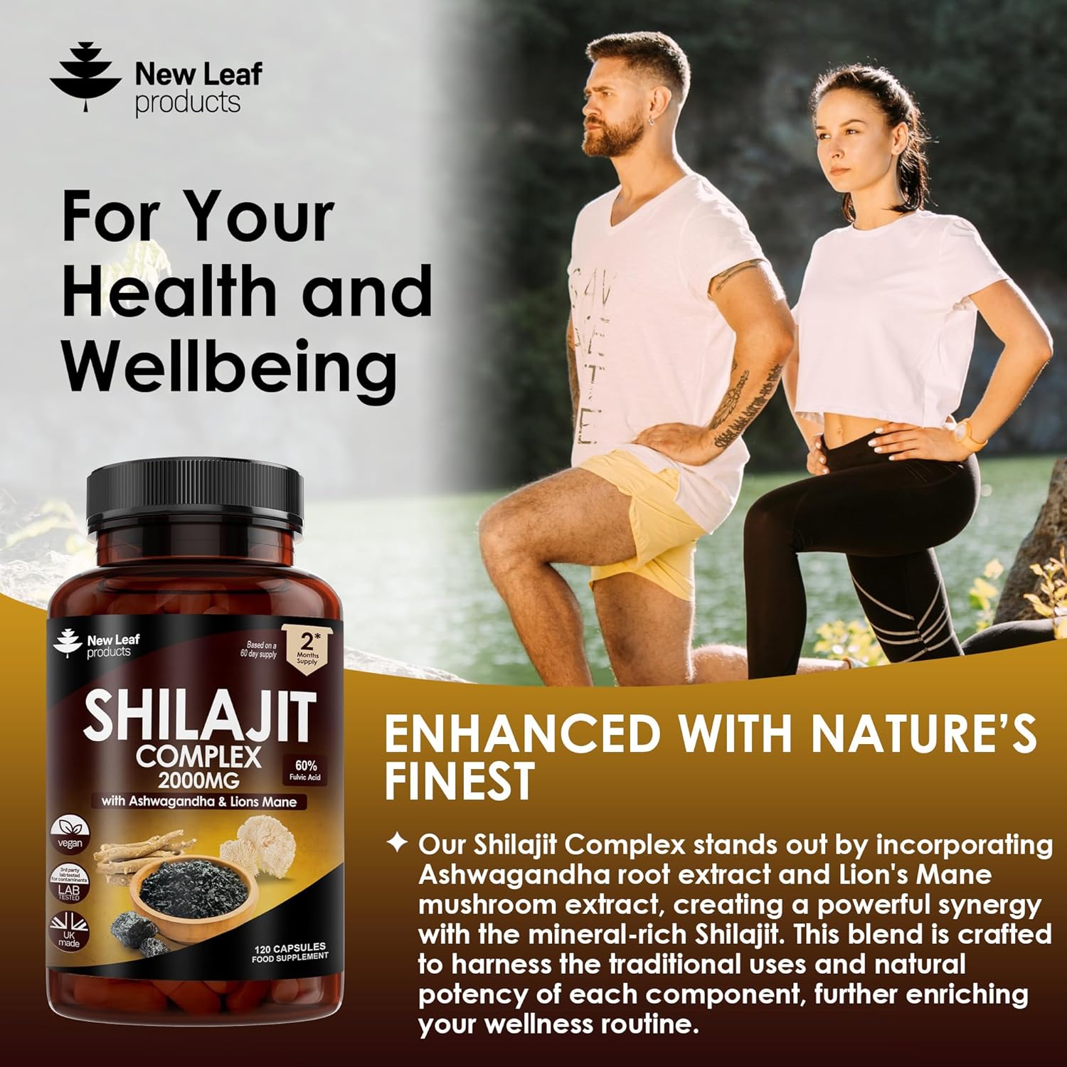 Shilajit Complex - Himilayan Shilajit enriched with Ashwagandha & Lions Mane, High Strength 2000mg Shilajit Complex Capsules with 60% Fulvic Acid - 2 Months Supply Made in The UK by New Leaf-2