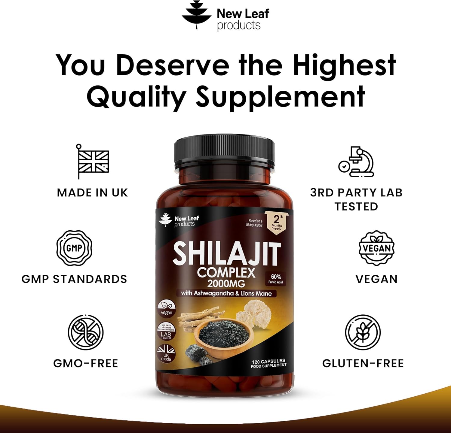 Shilajit Complex - Himilayan Shilajit enriched with Ashwagandha & Lions Mane, High Strength 2000mg Shilajit Complex Capsules with 60% Fulvic Acid - 2 Months Supply Made in The UK by New Leaf-3