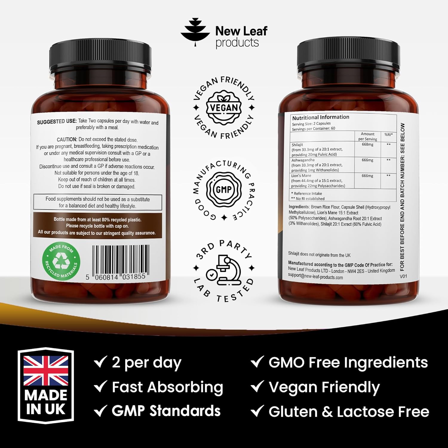 Shilajit Complex - Himilayan Shilajit enriched with Ashwagandha & Lions Mane, High Strength 2000mg Shilajit Complex Capsules with 60% Fulvic Acid - 2 Months Supply Made in The UK by New Leaf-5