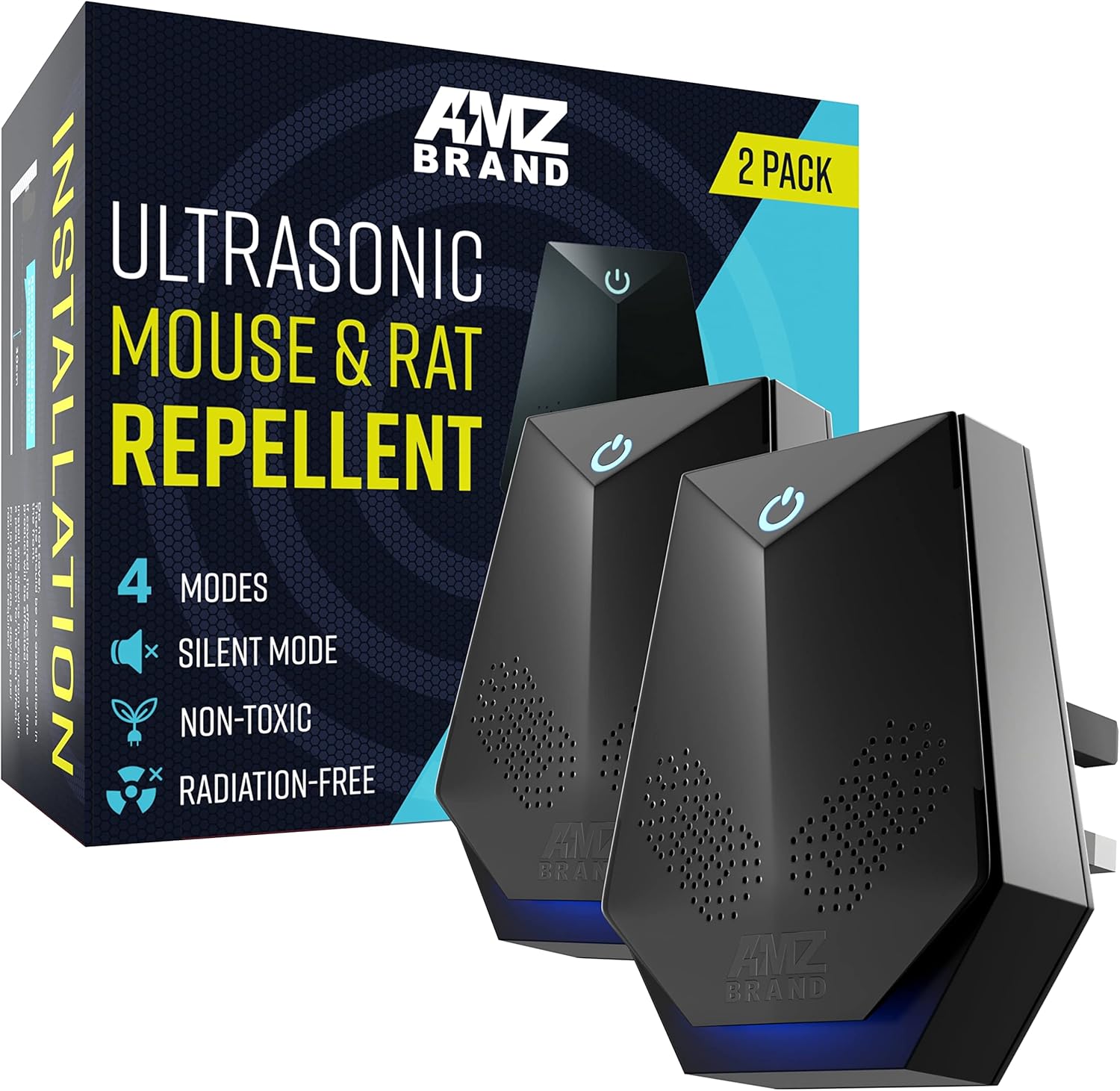 AMZ BRAND Ultrasonic Mouse Repellent 2 Pack - Rat Repellent - 4 Working Modes - Silent Mode - Non-Toxic - Effective against Mice and Rats - Radiation free-0