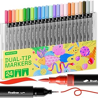 ARTISTRO Dual Tip Markers - 24 Coloring Markers - Brush Tip Markers & 0.4mm Fineliner Pens - Coloring Markers for Adults, Bullet Journal Pens, Markers for Adult Coloring Books No Bleeding