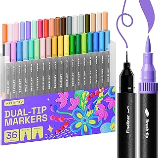 ARTISTRO Dual Tip Markers - 36 Coloring Markers - Brush Tip Markers & 0.4mm Fineliner Pens - Coloring Markers for Adults, Bullet Journal Pens, Markers for Adult Coloring Books No Bleeding