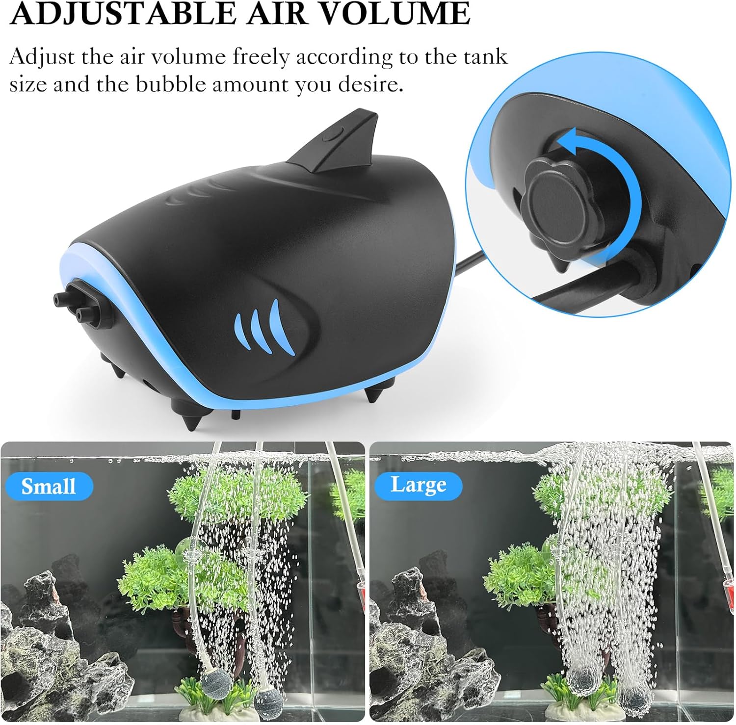 FEDOUR 300LPH Ultra-quiet Aquarium Air Pump with Dual Output, 3W Adjustable Fish Tank Air Pump, Shark-shaped Aerator Oxygen Pump, for up to 300L Fish Tank-5