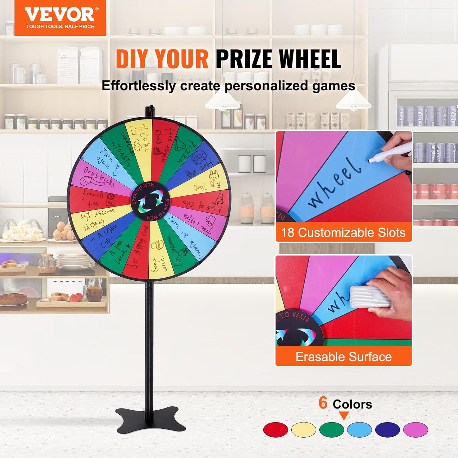 VEVOR 36 inch Spinning Prize Wheel, 18 Slots Spinning Wheel, Roulette Wheel with a Dry Erase and 2 Markers, Tabletop or Floor Standing Win Fortune Spin Games in Party Pub Trade Show Carnival-1