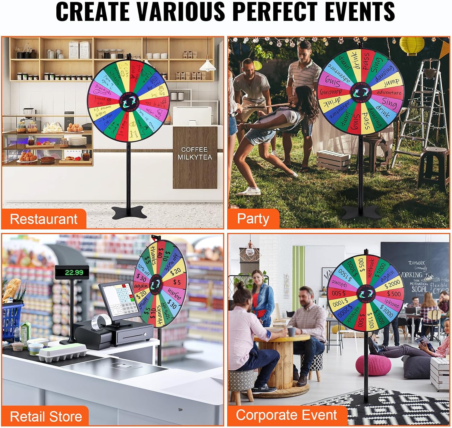 VEVOR 36 inch Spinning Prize Wheel, 18 Slots Spinning Wheel, Roulette Wheel with a Dry Erase and 2 Markers, Tabletop or Floor Standing Win Fortune Spin Games in Party Pub Trade Show Carnival-6