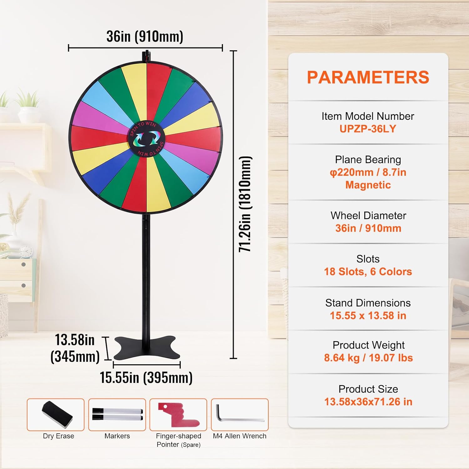 VEVOR 36 inch Spinning Prize Wheel, 18 Slots Spinning Wheel, Roulette Wheel with a Dry Erase and 2 Markers, Tabletop or Floor Standing Win Fortune Spin Games in Party Pub Trade Show Carnival-7