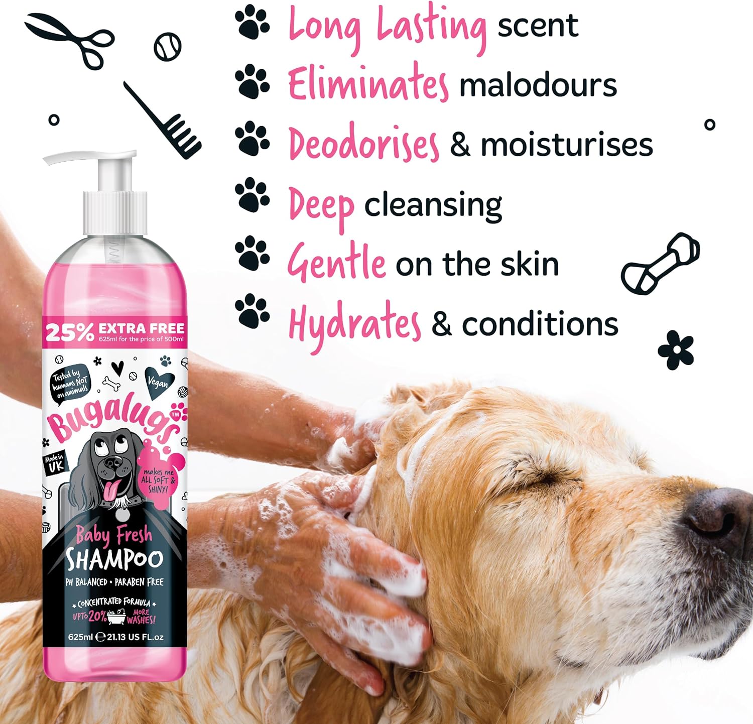 BUGALUGS Baby Fresh Dog Shampoo dog grooming shampoo products for smelly dogs with baby powder scent, best puppy shampoo baby fresh, shampoo conditioner, Vegan pet shampoo professional (625ml)-2