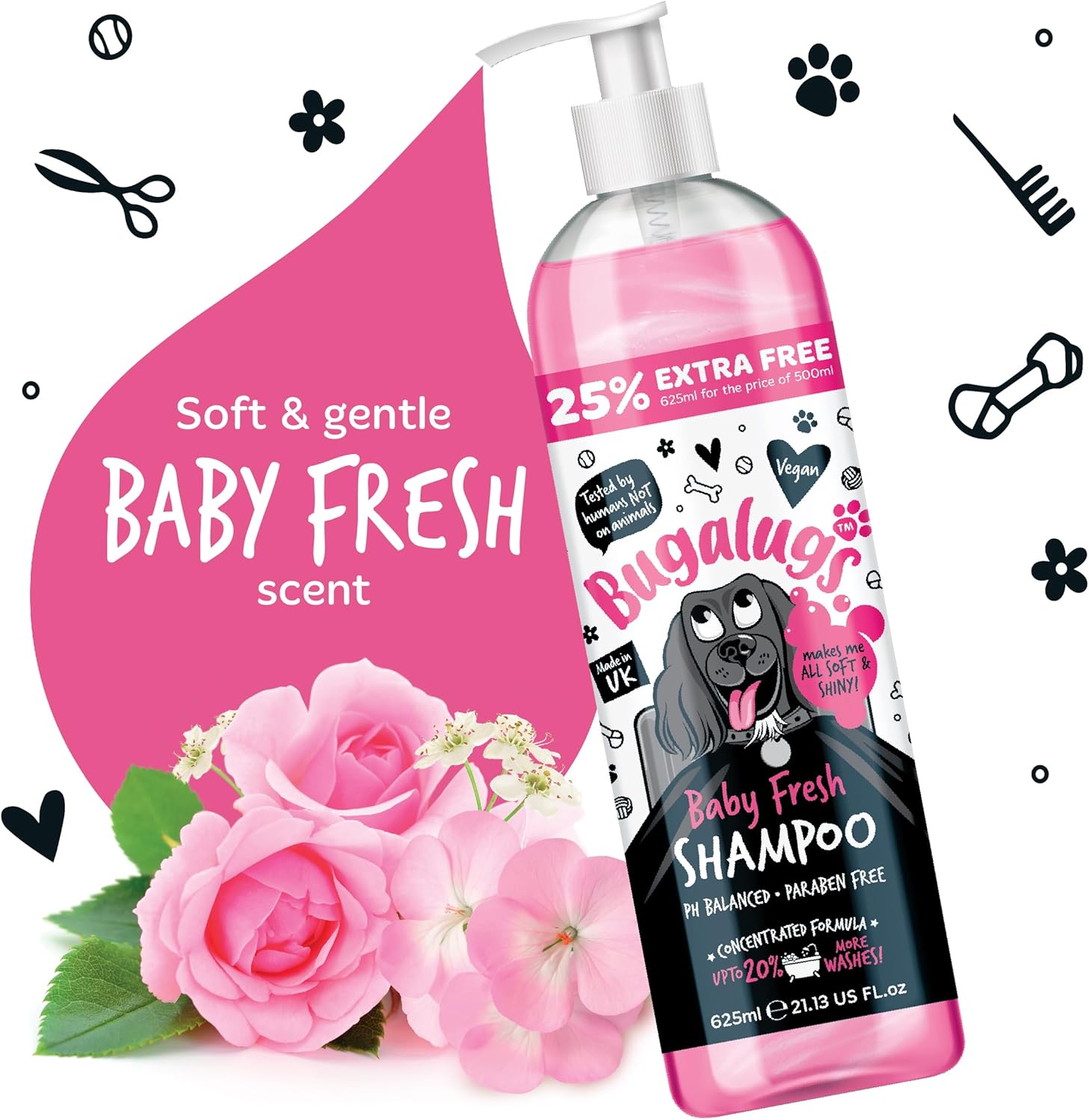 BUGALUGS Baby Fresh Dog Shampoo dog grooming shampoo products for smelly dogs with baby powder scent, best puppy shampoo baby fresh, shampoo conditioner, Vegan pet shampoo professional (625ml)-3