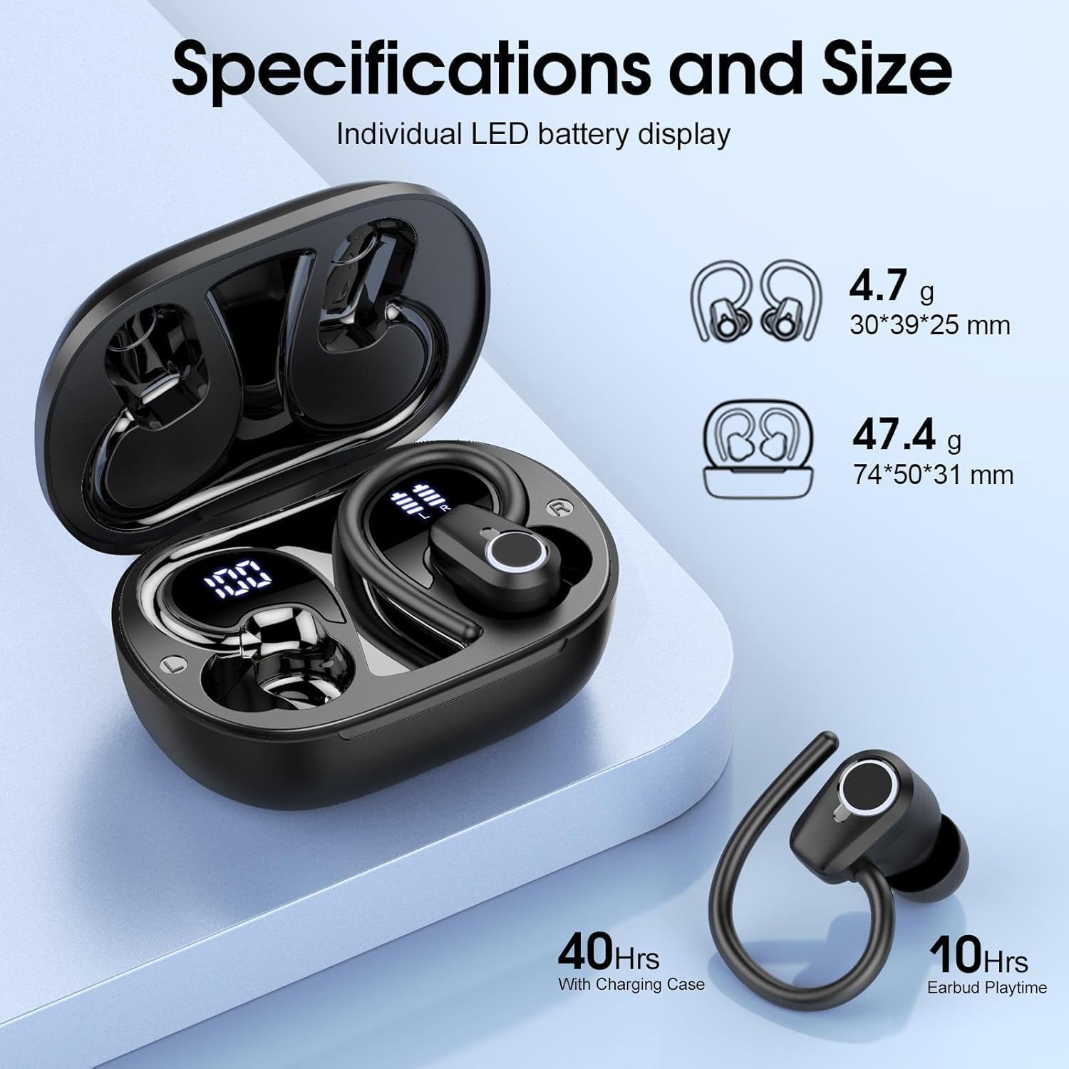 Wireless Earbuds, Bluetooth 5.3 Headphones with 4 ENC Noise Canceling Mic, 50H Stereo Dual LED Display Ear Buds, Sport Wireless Earphones with Earhooks, IP7 Waterproof Wireless Headphones for Running-2