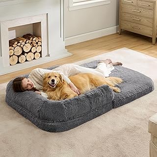 Bedsure Human Dog Bed for Adults - 2 in 1 Foldable Human Sized Giant Dog Bed Fits Pet Families with Egg Foam Supportive Mat and Waterproof Liner, Faux Fur Orthopedic Dog Sofa, 180x109cm, Dark Grey