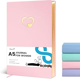 Koogel A5 Lined Diary Journal for Women, College Ruled Journals for Writing with Gold Hearts Pink Cover Cute Notebook Journal 14.5 x 21 cm with Gold Edged 110 Sheets