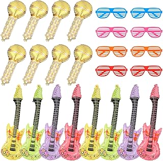 24Pcs Inflatable Guitar,Inflatable Microphone,Inflatable Party Props,Party Decoration Balloon with Colored Glasses,Party Props for Kids Adults Party Decoration