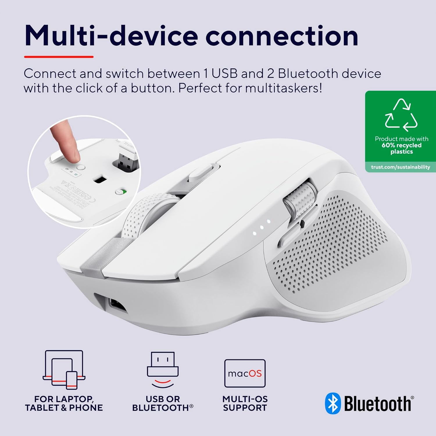 Trust Ozaa+ Multidevice Wireless Mouse Bluetooth + 2.4GHz, Programmable Silent Mouse, Side Scroll Wheel, 60% Recycled Plastics, Rechargeable Bluetooth Mouse for Laptop PC Computer Mac - White-1