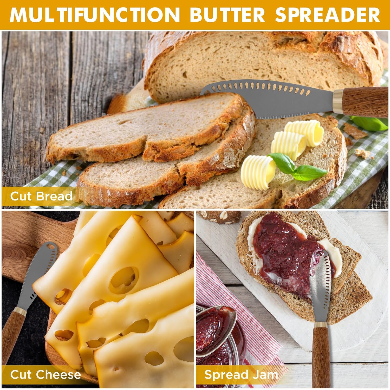 LTXDJ Butter Knife Spreader, 3 In 1 Stainless Steel Butter Spreader with Serrated Edges Butter Curler Butter Knives for Cutting and Spreading Butter Cheese Jams Jell-6