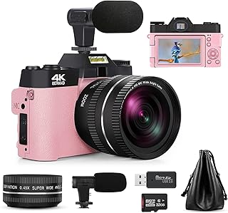 NBD Digital Camera for Photography and Video, 4K 48MP Vlogging Camera for Youtube, Digital Camera with Flip Screen, WiFi, 16X Digital Zoom, 32GB TF Card,52mm Wide Angle & Macro Lenses (Rose Gold)