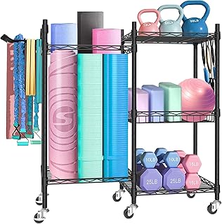 Swaitee Yoga Mat Storage Rack, 3 Tiers Home Gym Storage Rack with Hooks and Wheels, Workout Equipment Storage Organizer for Dumbbells Kettlebells Foam Roller, Yoga Strap and Resistance Bands