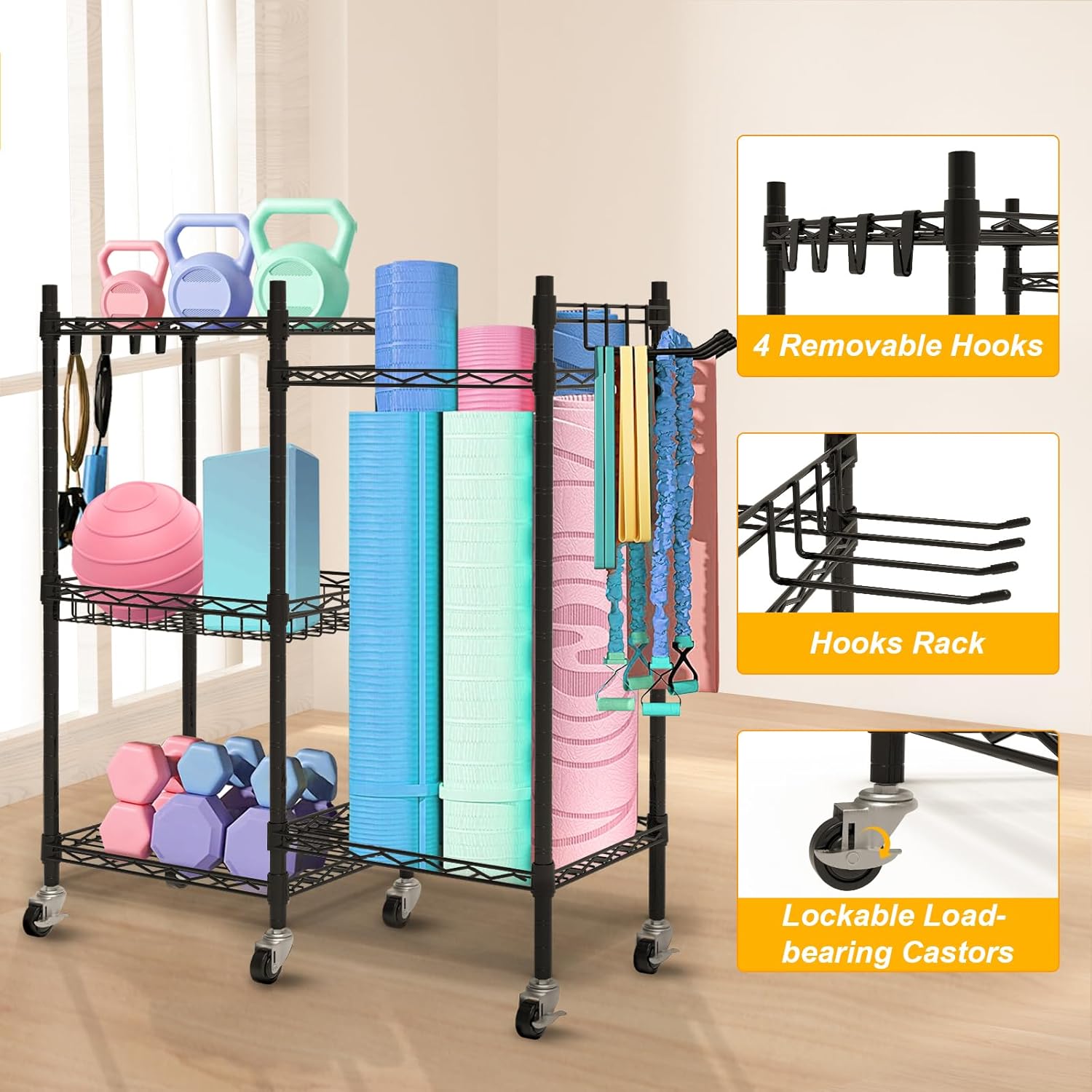 Swaitee Yoga Mat Storage Rack, 3 Tiers Home Gym Storage Rack with Hooks and Wheels, Workout Equipment Storage Organizer for Dumbbells Kettlebells Foam Roller, Yoga Strap and Resistance Bands-2