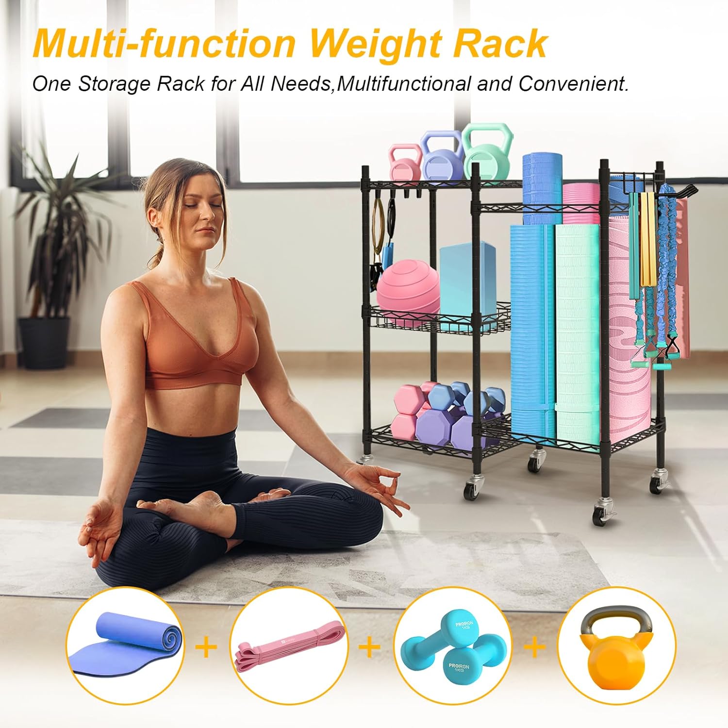 Swaitee Yoga Mat Storage Rack, 3 Tiers Home Gym Storage Rack with Hooks and Wheels, Workout Equipment Storage Organizer for Dumbbells Kettlebells Foam Roller, Yoga Strap and Resistance Bands-3