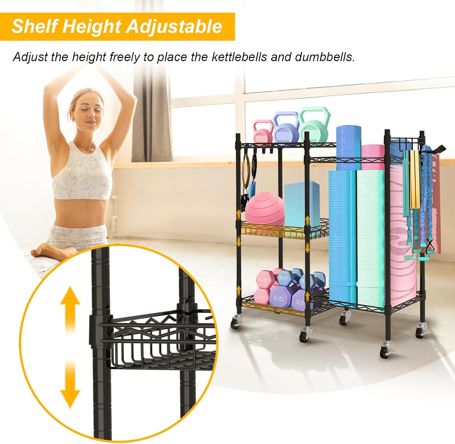 Swaitee Yoga Mat Storage Rack, 3 Tiers Home Gym Storage Rack with Hooks and Wheels, Workout Equipment Storage Organizer for Dumbbells Kettlebells Foam Roller, Yoga Strap and Resistance Bands-4