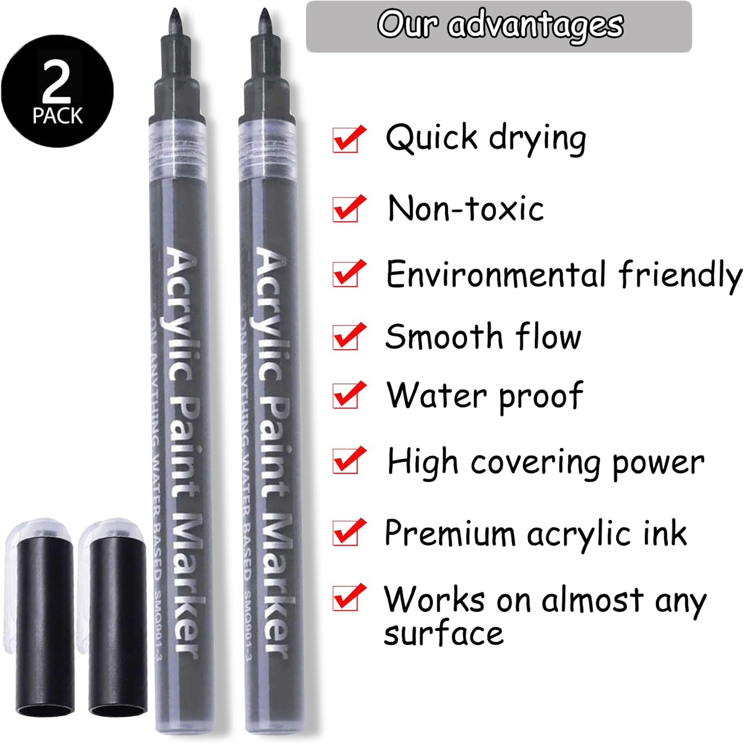 Black Marker Pen,Permanent Acrylic Marker 2 sticks,Line width 0.7mm Suitable for ceramic, paper, wood, glass, metal, plastic, stone Painting and writing. (Black)-1