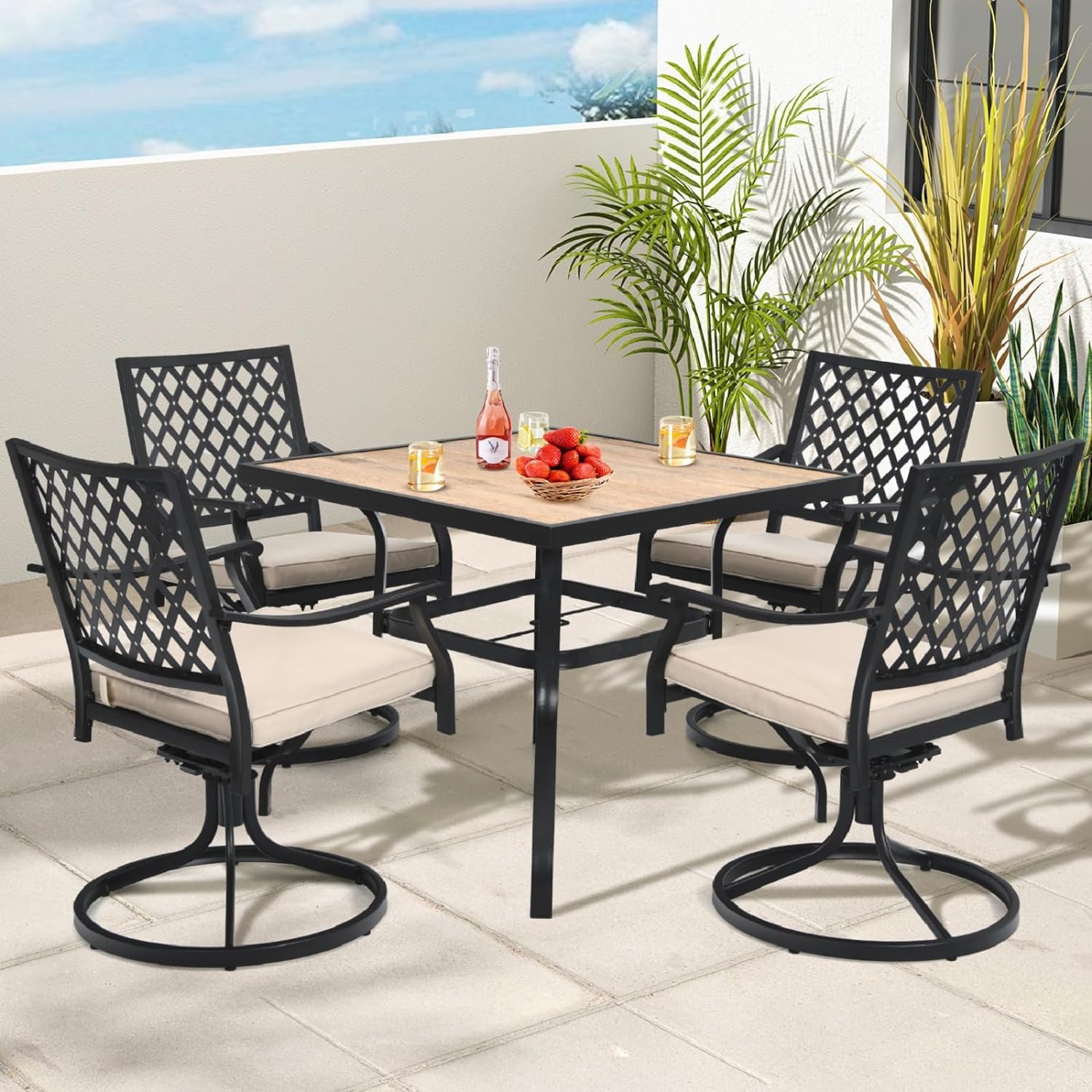 TANGZON Patio Dining Set, Outdoor Wooden Table and Swivel Chairs Set with Thick Cushions, Garden Furniture Set for Lawn, Backyard, Balcon (2 Swivel Chairs)-6