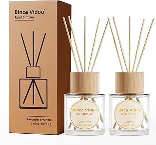 binca vidou Reed Diffuser Set of 2, Lavender, Vanilla Fragrance Reed Oil Diffuser Set with Rattan Reeds for Office Bathroom Living Room 50ml