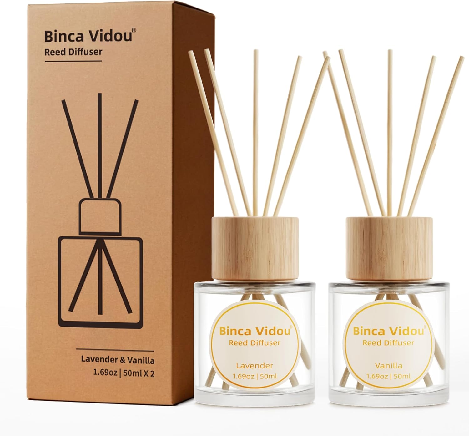 binca vidou Reed Diffuser Set of 2, Lavender, Vanilla Fragrance Reed Oil Diffuser Set with Rattan Reeds for Office Bathroom Living Room 50ml-0