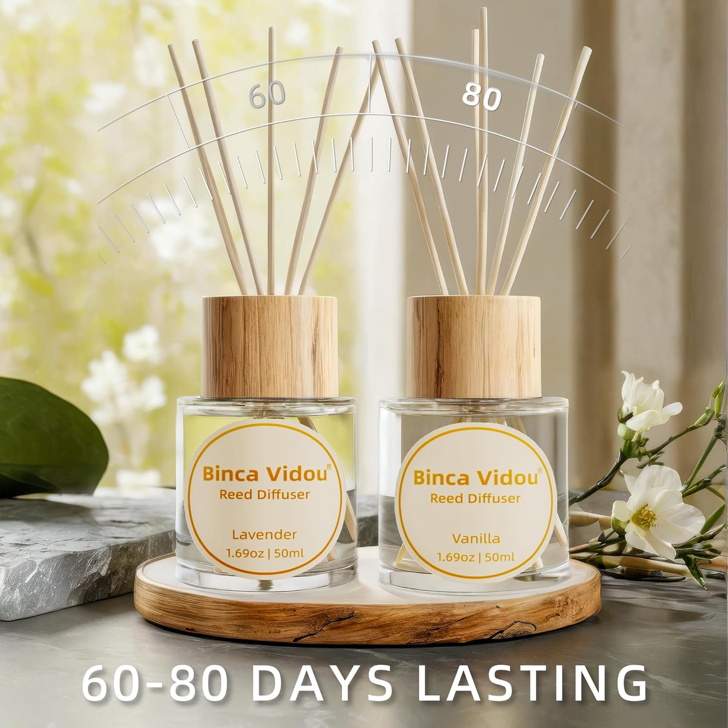 binca vidou Reed Diffuser Set of 2, Lavender, Vanilla Fragrance Reed Oil Diffuser Set with Rattan Reeds for Office Bathroom Living Room 50ml-3