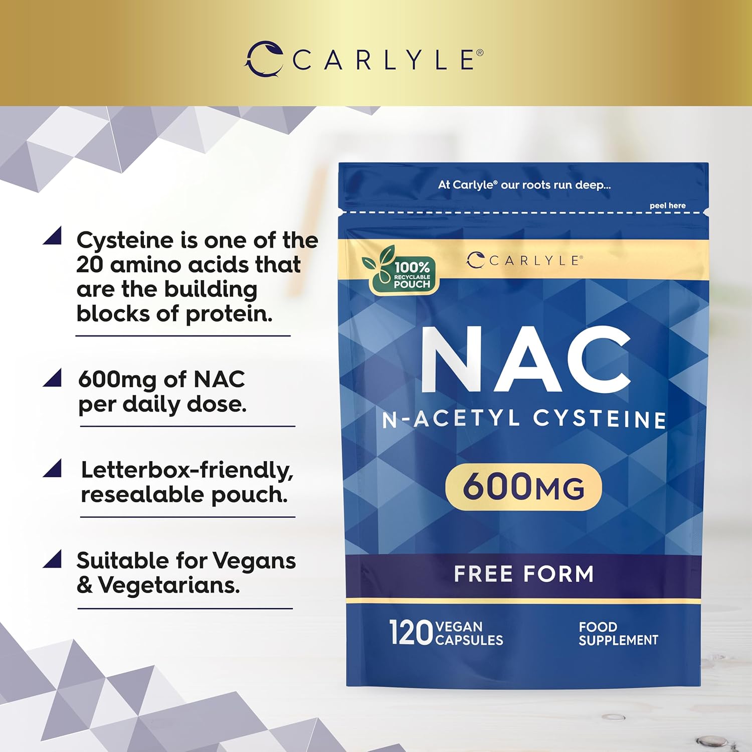 NAC N-Acetyl-Cysteine 600mg | 120 Vegan Capsules | NAC Supplement | Free Form Formula | by Carlyle-1