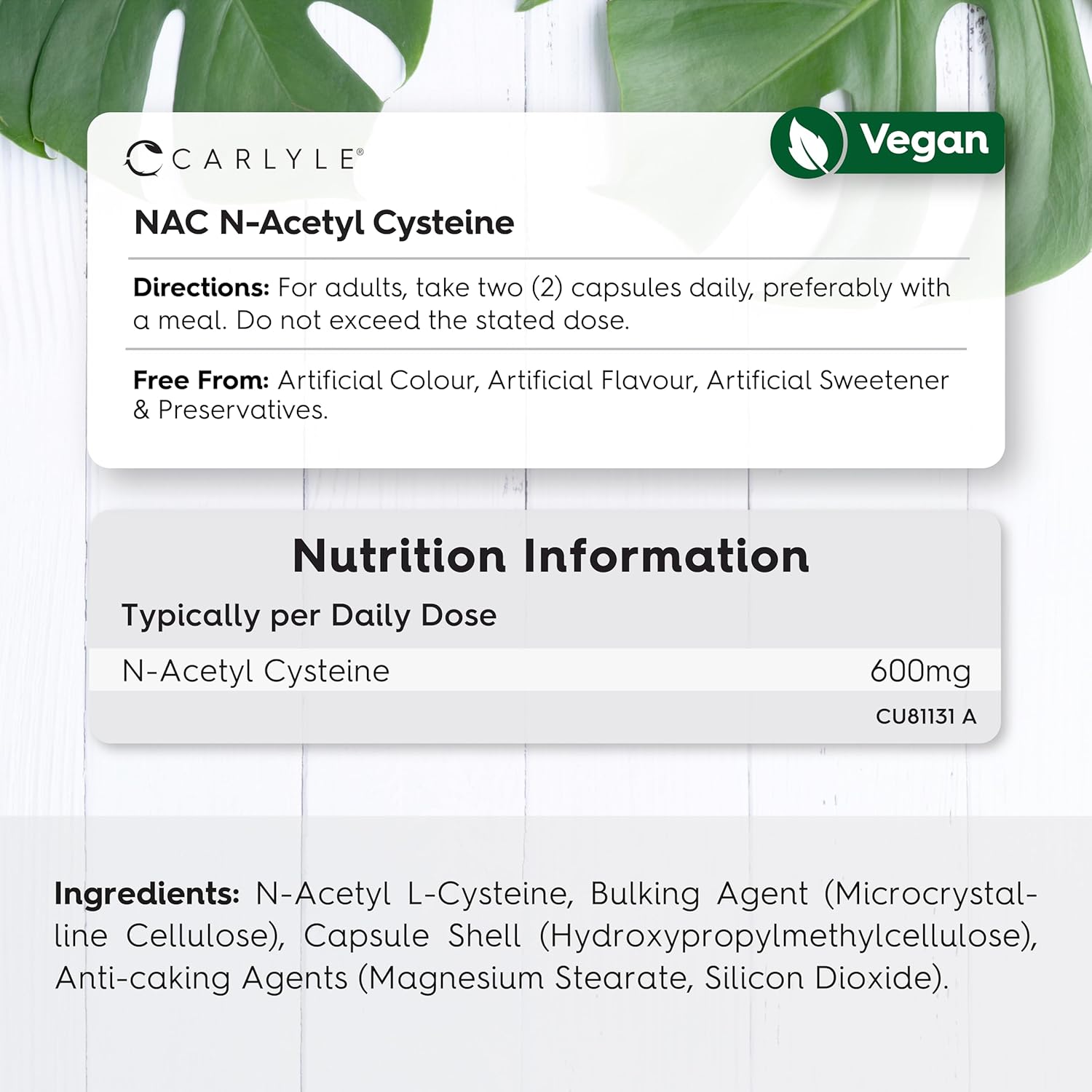 NAC N-Acetyl-Cysteine 600mg | 120 Vegan Capsules | NAC Supplement | Free Form Formula | by Carlyle-2