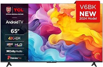 TCL 65V6BK 65-inch 4K Ultra HD, HDR TV, Smart TV Powered by Android TV (Dolby Audio, Voice Control, Compatible with Google Assistant, 2024 New Model)