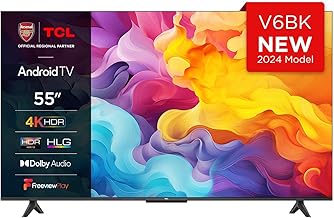 TCL 55V6BK 55-inch 4K Ultra HD, HDR TV, Smart TV Powered by Android TV (Dolby Audio, Voice Control, Compatible with Google Assistant, 2024 New Model)