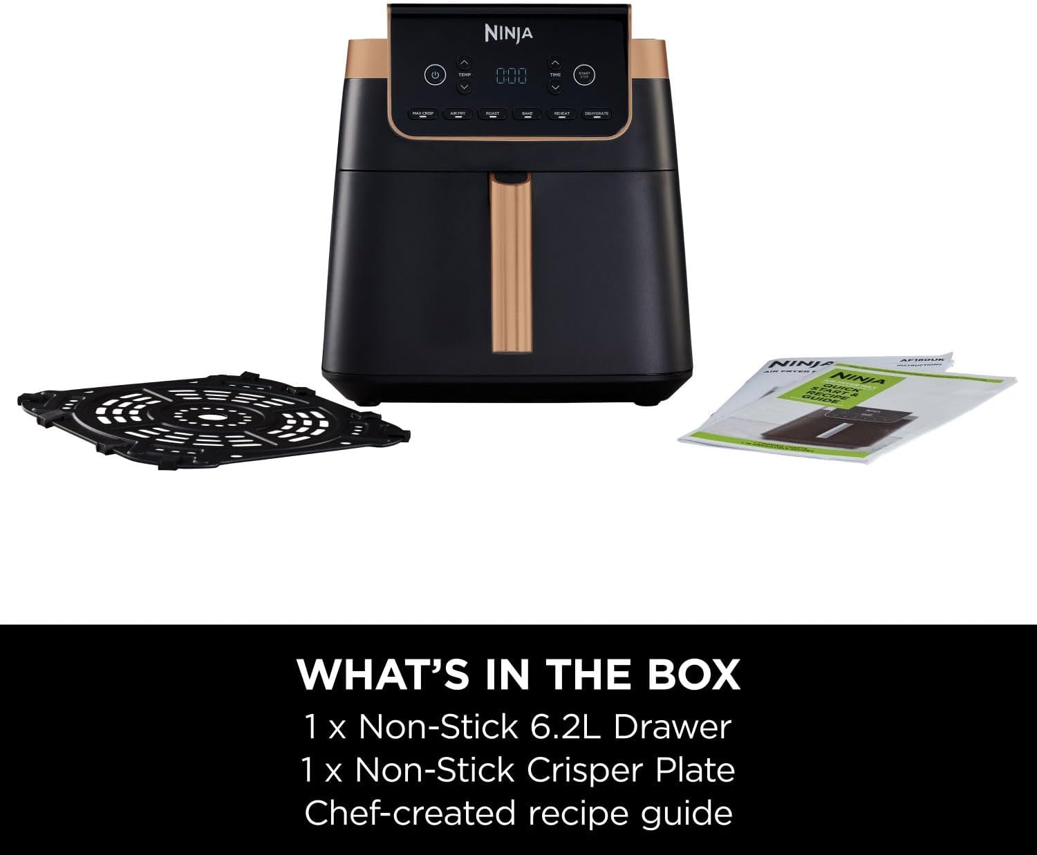 Ninja Air Fryer MAX PRO, 6.2L, Uses No Oil, Large Square Single Drawer, Roast, Bake, Air Fry, Family Size, Non-Stick, Dishwasher Safe Basket & Crisper Plate, Silicone Tongs, Black & Copper, AF180UKCP-10