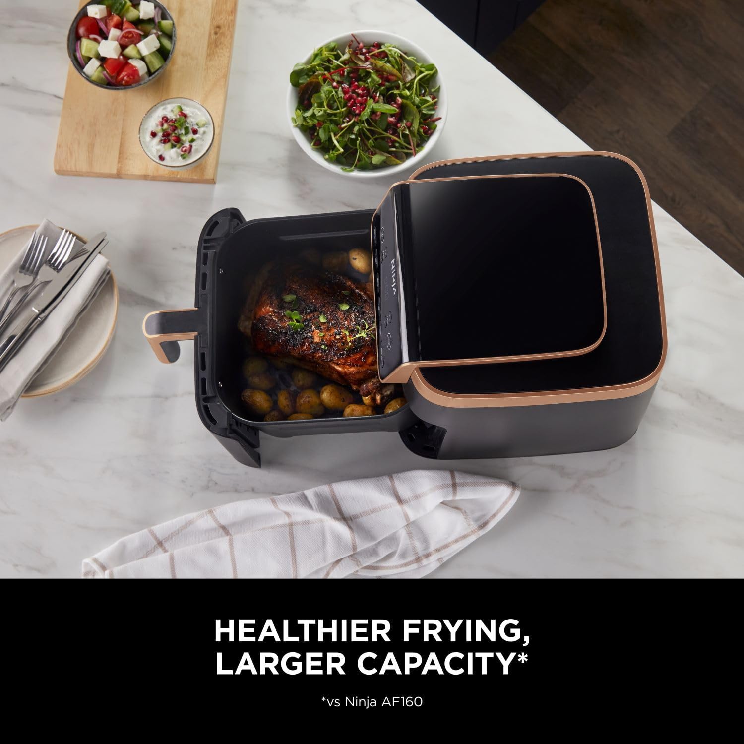 Ninja Air Fryer MAX PRO, 6.2L, Uses No Oil, Large Square Single Drawer, Roast, Bake, Air Fry, Family Size, Non-Stick, Dishwasher Safe Basket & Crisper Plate, Silicone Tongs, Black & Copper, AF180UKCP-2