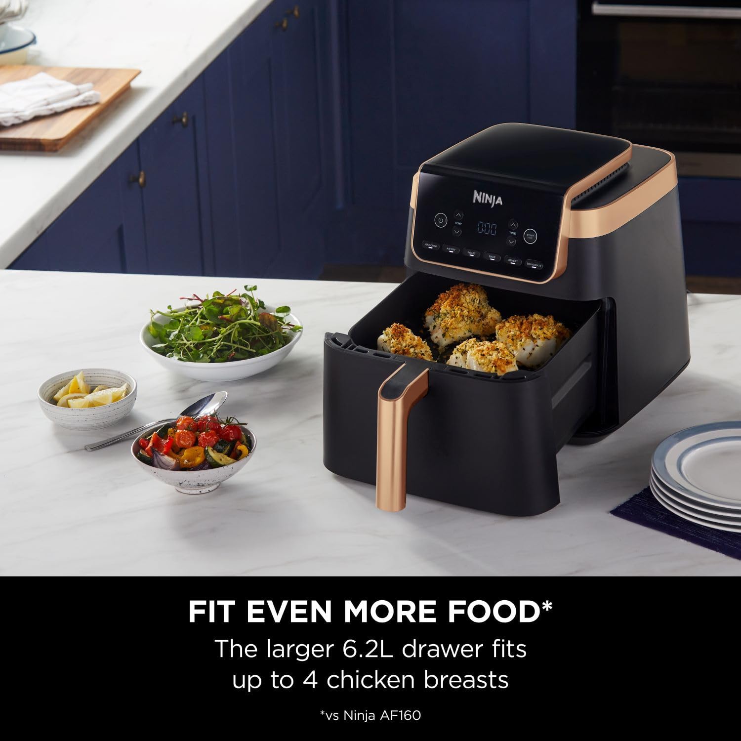 Ninja Air Fryer MAX PRO, 6.2L, Uses No Oil, Large Square Single Drawer, Roast, Bake, Air Fry, Family Size, Non-Stick, Dishwasher Safe Basket & Crisper Plate, Silicone Tongs, Black & Copper, AF180UKCP-3